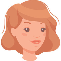 Portrait of a young woman with short wavy auburn hair and rosy cheeks smiling softly in a simple flat illustration style with a transparent background