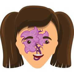 Portrait of a Young Woman with Brown Pigtails and Purple Flowers Growing on Her Face Against a Transparent Background