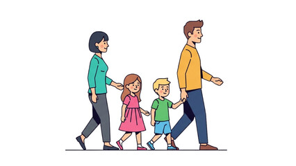 Family Outing Dad, Mom, Kids Walking Together Illustration