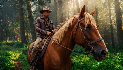 Fototapeta premium Riding cowboy wearing cowboy hat gripping leather reins on saddled chestnut horse via forest trail