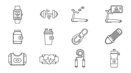 Fitness Icon Illustration: A set of essential fitness icons arranged artfully, illustrating elements related to workout, exercise, and wellness. 