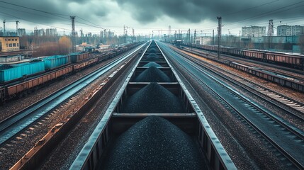 Fototapeta premium Railway tracks with coal trains under cloudy sky.