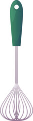 Whisk icon, metal, round shape, with plastic green handle.