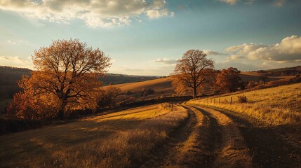  Majestic autumn meadow where trees shine with golden tones under soft daylight nature landscape wallpaper background
