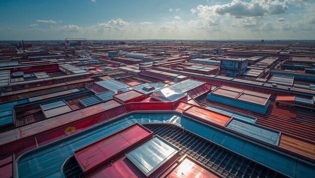 Displaying central cluster of colorful container roofs at port yard, with distant cranes - Powered by Adobe