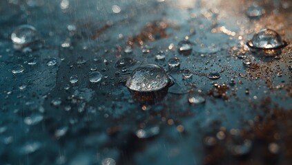 Displaying central water droplet resting on outdoor rusty metal surface, with other clear droplets