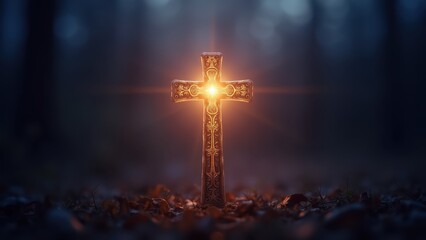 Naklejka premium Ancient, ornate cross radiating with luminous light. Delicate filigree and subtle gold accents shimmer against a backdrop of deep twilight blues and purples.