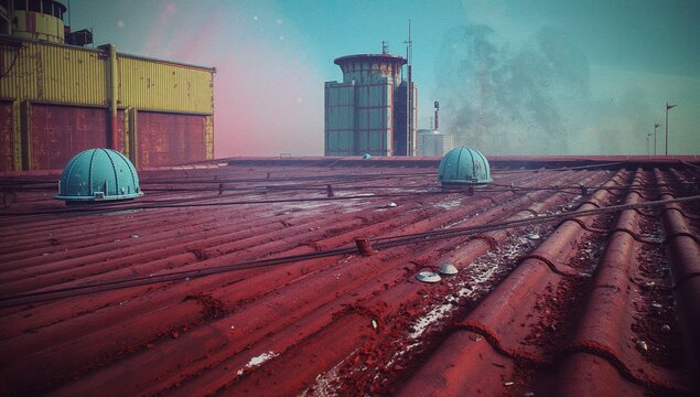 Two pale blue dome vents jutting from red corrugated roof in industrial plant, with yellow building