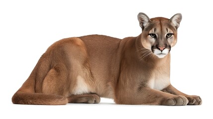 Obraz premium Florida panther, Puma concolor coryi sitting gracefully and looking forward, isolated on white background, detailed fur texture