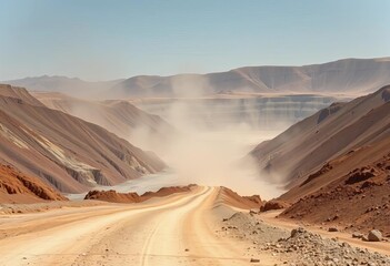 Fototapeta premium Dusty road cuts through vast open-pit zinc mine, textured earth, industrial landscape, textured, raw materials