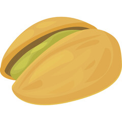 Illustration of a single shelled pistachio nut showing the green kernel inside a golden brown shell isolated on a transparent background with soft lighting and a simple cartoon style