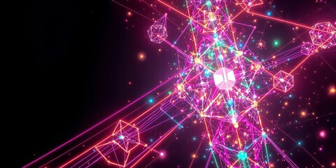 Abstract Neon Network: Futuristic Glowing Geometric Shapes with Pink and Blue Lines on Black Background, Representing Connectivity, Technology, and Data Flow