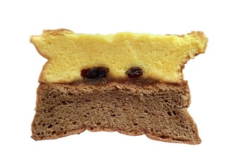 Close-up of Kue Lapis Surabaya slice showing yellow and brown layers with raisins, isolated on white background. Soft texture and clean focus, perfect for dessert, bakery, or traditional food concept.