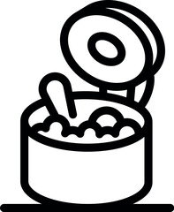 Open tin can with lid and spoon, mixing food inside