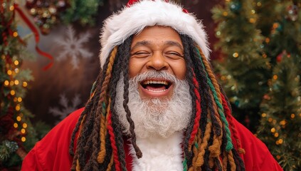 Laughing senior man wearing Santa hat and red velvet coat in festive studio, with twinkling lights