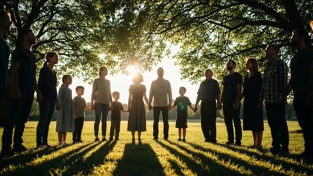 Holding Hands Diverse Family Circle on Grassy Field with Sunlight