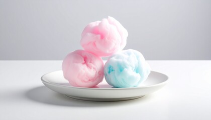 Sweet fluffy clouds of pink and blue cotton candy piled on a white plate