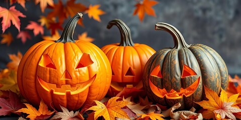 Three carved pumpkins, various sizes, autumn leaves, carved, texture