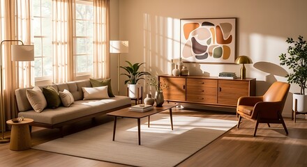 Fototapeta premium modern living room with warm beige and walnut interior