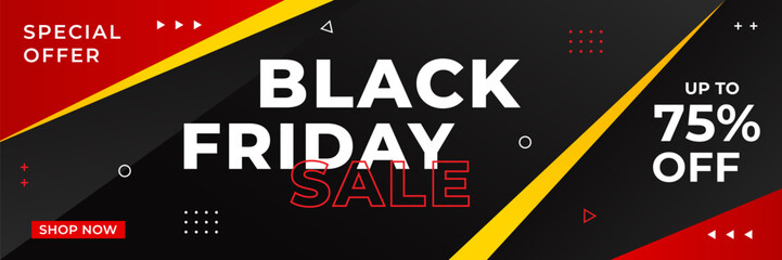 Black Friday sale banner, modern black, red, and yellow geometric background design, up to 75% off, suitable for sales promotion, marketing ads, e-commerce, events, social media, headers and websites