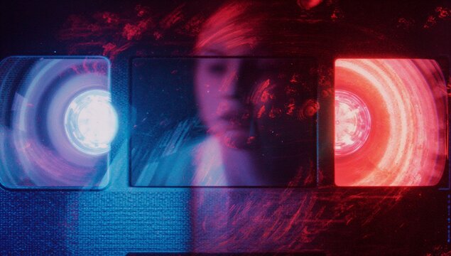 Displaying multicolored light panels on textured wall in dark gallery, revealing blurred woman face - Powered by Adobe