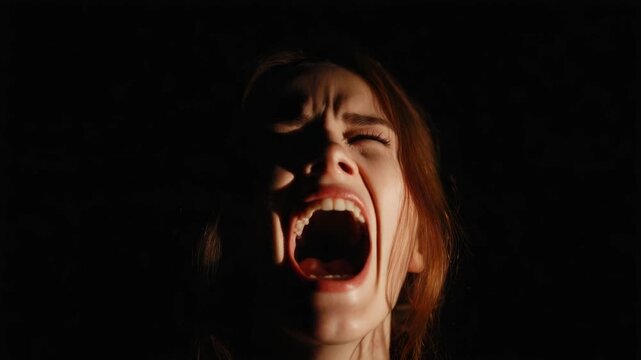 A woman's face is illuminated, mouth open in a scream. Shadowy background. Dramatic lighting highlights emotion