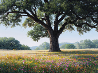 Fototapeta premium Idyllic landscape featuring a majestic tree overlooking a vibrant wildflower meadow. Symbolizes growth, serenity, and natures beauty. Perfect for illustrating tranquility or environmental concepts.