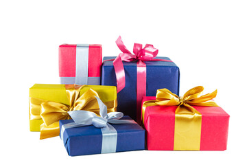 Elegant blue, gold and pink gift boxes with bows isolated on white background.