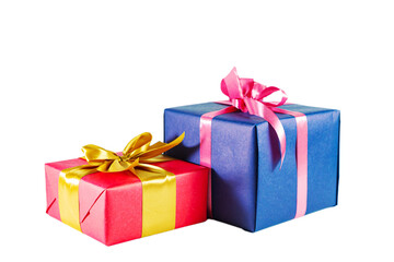 Elegant blue and pink gift boxes with bows isolated on white background.