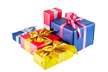 Elegant blue, gold and pink gift boxes with bows isolated on white background.
