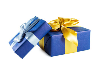 Obraz premium Elegant blue gift boxes with bows isolated on white background.