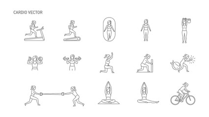 Cardio Vector Icons: A compilation of dynamic cardio exercise icons, depicting various fitness activities and movements for health and wellness.