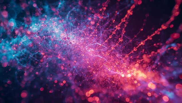 Swirling network of glowing spherical nodes and filaments in dark void, with bokeh-style light orbs - Powered by Adobe