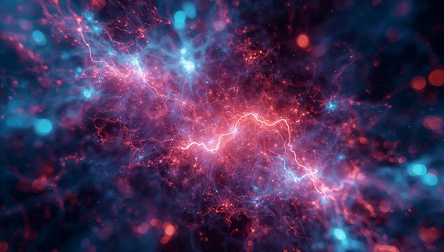 Forming bright branching energy filament network in deep cosmic environment, with glowing particles - Powered by Adobe