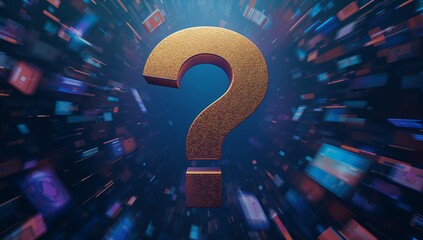 Floating metallic gold question mark lighting digital space with blocks and glowing particles