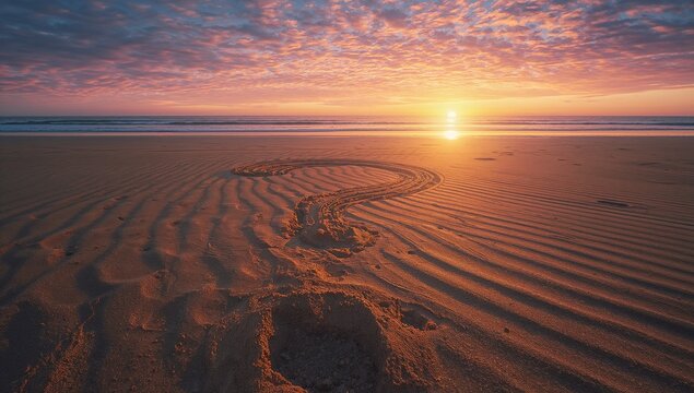 Stretching question mark across beach with pit and circular indentation, sunsetting over calm ocean