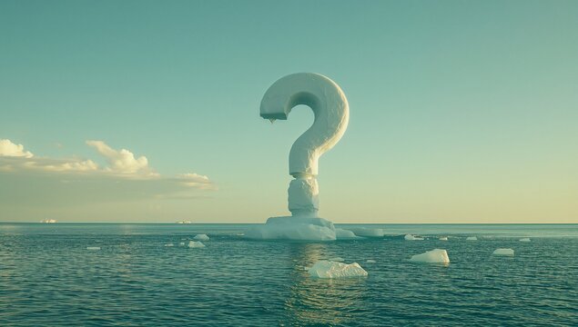 Floating ice sculpture shaped like question mark rising from calm sea with floes and icebergs - Powered by Adobe