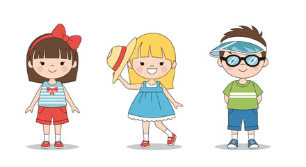 Three cheerful children in summer outfits smiling happily.