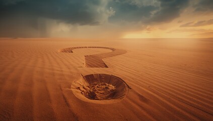 Light pouring over giant question mark carving in desert dunes at sunset, creating mystery