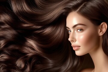 Obraz premium Close-up portrait showcasing elegant brunette with flowing hair on light background. Soft lighting emphasizes smooth texture and natural beauty of hair. Neural network AI generated