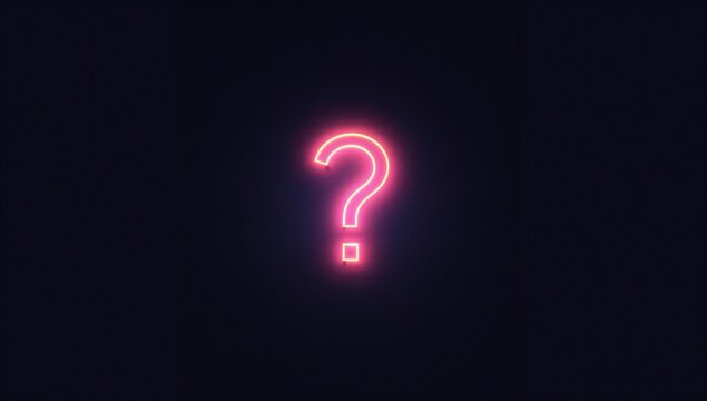 Glowing neon question mark sign emitting purple-pink halo on dark studio wall, with pink glow - Powered by Adobe