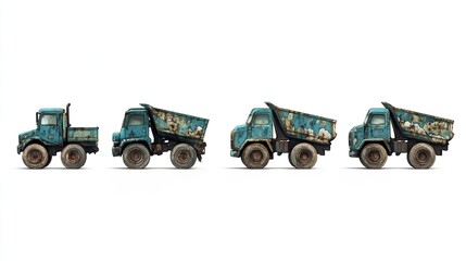 A row of four stylized, vintage-looking blue trucks with rustic paint and chunky tires isolated on white.