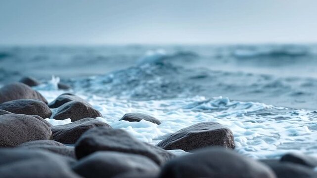 Ocean waves roll forward and crash onto dark coastal rocks splashing white foam and spray as water retreats rhythmically under natural daylight