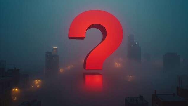 Floating red question mark hovering over foggy city skyline at dusk, with glowing street lights - Powered by Adobe