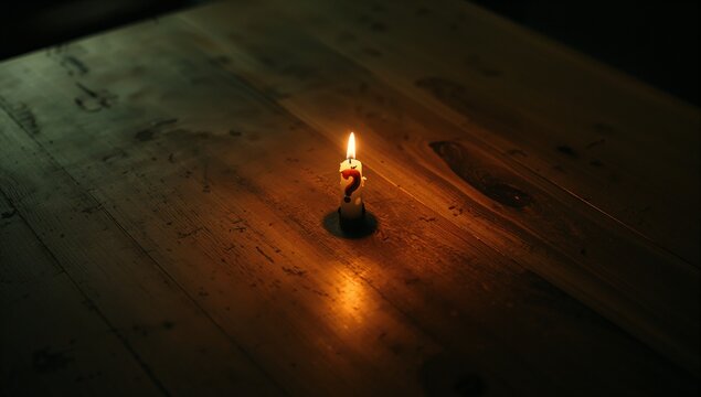 Glowing pillar candle with red question mark on wooden tabletop in dimly lit room, casting glow - Powered by Adobe