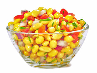 Sałatka z soi, papryki i cebuli w szklanej misce na białym tle