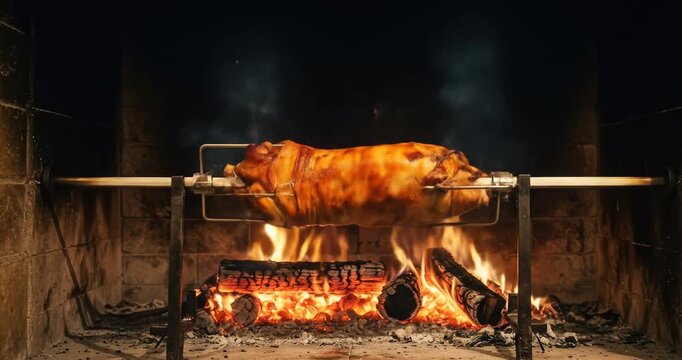 whole roasted pig is turning on a spit over a blazing fire inside a brick fireplace.