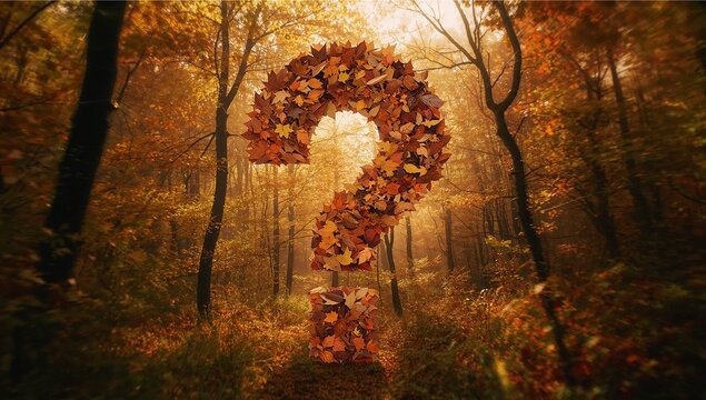 Floating question mark shimmering with clustered autumn leaves in forest glade, with sunlit mist