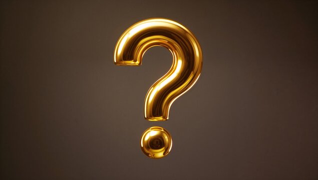 Golden question mark sculpture reflecting light in brown gradient studio backdrop, showing polish - Powered by Adobe