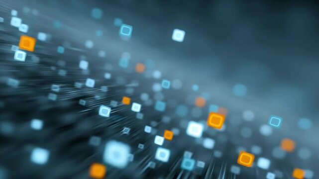 3D luminous cubes float and rotate in blue mist representing information flow and technological data network in abstract motion background - Powered by Adobe
